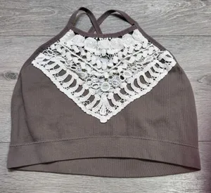 Womens Ribbed Lace Trim Bralette Brown High Neck Seamless Cami Top‎ XL XLarge thumbnail 1