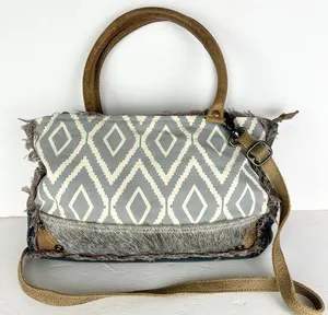Myra Bag Leather Canvas Fur Shoulder Crossbody Bag Western Boho Aztec Large thumbnail 1