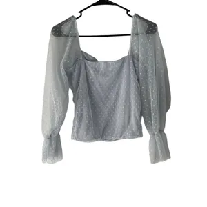Madi Mase Women's Size Small Light‎ Blue Swiss Dot Lace Puff Sleeves Top thumbnail 7