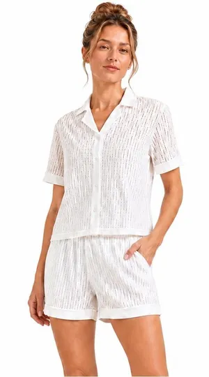 Rivir White Eyelet Button Front Top & Shorts Set Medium thumbnail 1