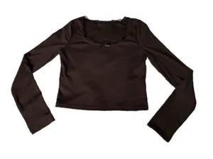 Black Crop Top Long Sleeve Size Large Bow Neck Lace Square Neck Ribbed Feminine thumbnail 1