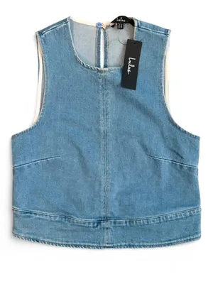 Lulus NWT Medium Wash Denim Sleeveless Crop Top Slit Back XS thumbnail 1