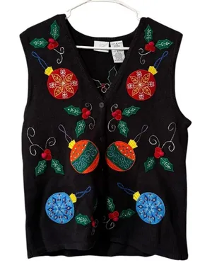 Bobbie Brooks‎ Christmas Sweater Vest Ornaments Embroidered Women Size Medium thumbnail 1