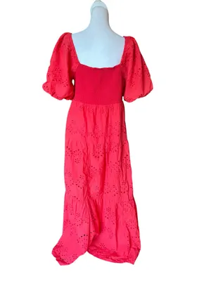 Cotton Maxi Dress Smocked Back Eyelet Puff Sleeve Coral Womens Large thumbnail 2