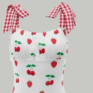 💜Retro Strawberries & Cherries Gingham Strap Dress thumbnail 5