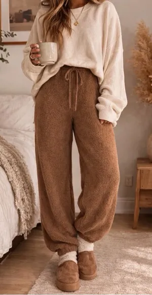 SKIMS Brown Cozy Teddy Fleece Jogger Lounge Pants Drawstring Womens (Size S/M) thumbnail 1