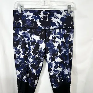 Fabletics XL Leggings High Waisted Blue Floral Print‎ Black Contrast Ruched 1036 thumbnail 6
