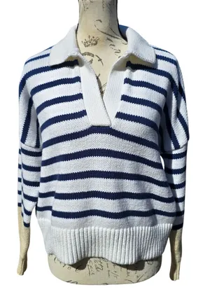 Madewell Striped Polo Sweater Medium‎ White Navy Blue V-Neck Knit Top P2709 thumbnail 1