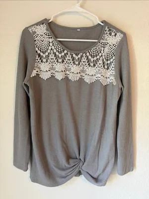 Lace Yoke Gray Long-Sleeve Knit Top with Front Twist thumbnail 1