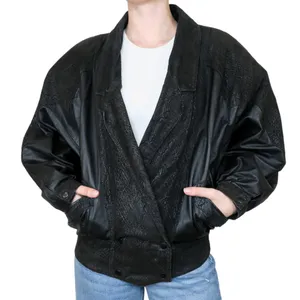 Vintage 70s Weiss Furs Black Leather Snakeskin Bomber Jacket thumbnail 1