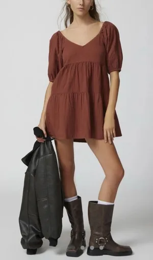 Billabong Fall For Ya Brown Cotton Gauze Tiered Puff Sleeve Mini Dress NWT Small thumbnail 1
