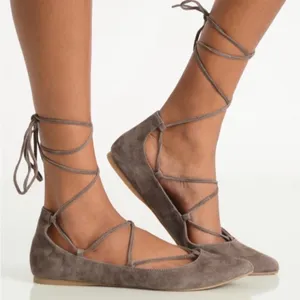 Steve Madden Eleanor Suede Lace-Up Ballet Flats Taupe Size 7.5 thumbnail 2