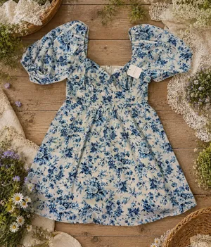 Altar’d State NWT Blue Floral Puff Sleeve Babydoll Mini Dress Medium Cottagecore thumbnail 1