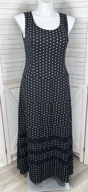 Anne Klein Polka Dot Lace Inset Sleeveless Maxi Dress Black White 12 Chiffon thumbnail 1