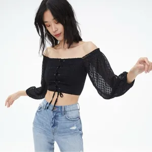 Aeropostale Clip Dot Lace Up Off The‎ Shoulder Crop Top Black Medium Sheer Indie thumbnail 1