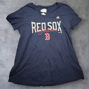 Majestic Boston Red Sox Womens Navy Blue V-Neck Graphic T-Shirt L MLB Baseball thumbnail 1