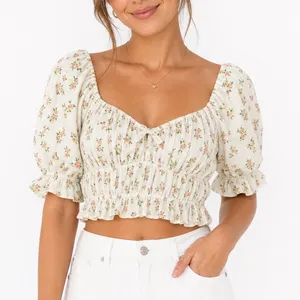 For Love & Lemons Floral Pointelle Puff Sleeve Crop Top Cream L thumbnail 1