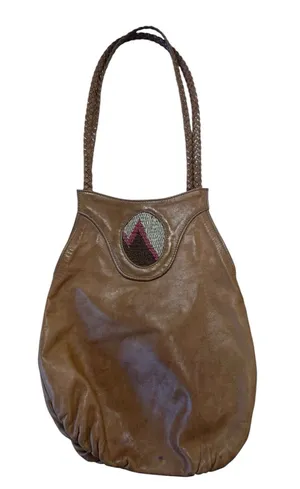 Vintage Leather Hobo Shoulder Bag W/ Woven Strap & Central Tapestry Inset thumbnail 1