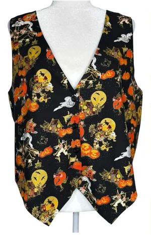 Vintage 90s Basic Editions Halloween Sleeveless Vest XL Pumpkin Witch Frogs Bats thumbnail 1