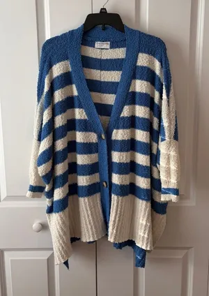 First Love Cozy Striped Oversized Cardigan Sweater Blue & Cream Size XL thumbnail 1