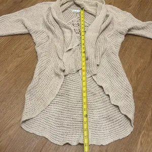 cAbi Tan Teachers Pet Open Knit Cardigan Sweater Asymmetrical Hem thumbnail 4