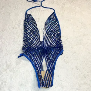 Brazilian Blue Sequin Sheer Plunge One-Piece Thong Side Tie Swimwear Size Small thumbnail 7