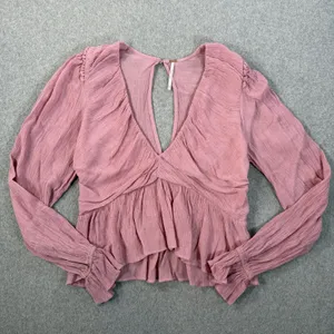 Free People Women's XS Pink Ruched Deep V-Neck Daia Top Peplum Long Sleeve thumbnail 1