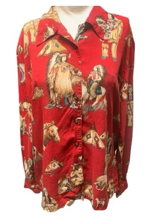 Vtg Sharon Young Western Shirt Size 10 Red Cowboy and Native American Indians thumbnail 1