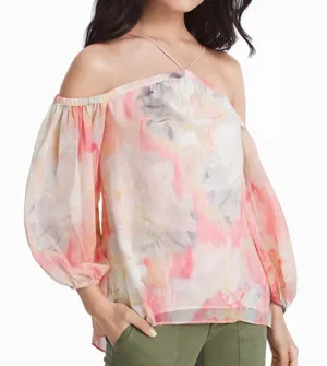 White House | Black Market Watercolor Print Cold Shoulder blouse sz medium thumbnail 1
