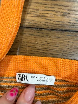 Zara Bright Orange Striped Knit crop top medium thumbnail 2