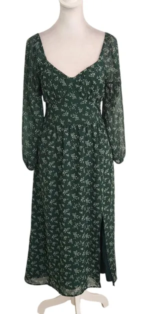 Hollister Dark Green and White Floral Midi Dress Size Small Wedding Guest Dress thumbnail 1