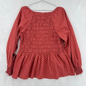 Ava + Viv Rust Orange Ruched Babydoll Top Long Sleeves Prairie Boho 100% Cotton thumbnail 2