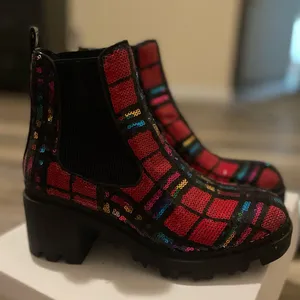 Betsey Johnson 7 1/2 rainbow plaid boots thumbnail 1