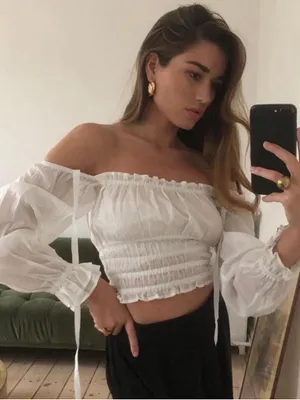 With Jean Fonda Top Long Sleeve Smocked Blouse White Small $219 thumbnail 5