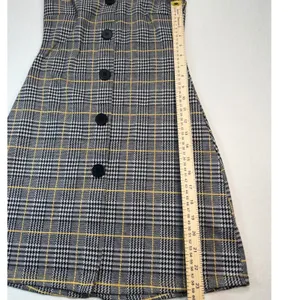 Grey‎ Yellow Plaid Button Front Mini Dress Sleeveless V-Neck A-Line Pinafore thumbnail 7