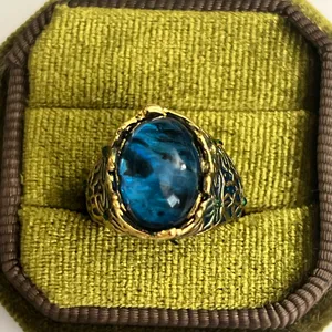 Vintage Design Golden w/ Gorgeous Hues of Blue Gemstone Statement Band Size 6 thumbnail 3