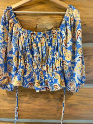 Lulus Staying Cute Blue Paisley Satin Ruffled Long Sleeve Top size Medium thumbnail 3