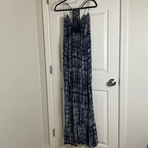 Lucky Brand John Robshaw Crochet Lace Back Maxi Dress Navy Blue White Small Boho thumbnail 12