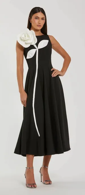 Mac Duggal 2329 Black Crepe A Line Midi Dress with 3D Flower sz 10 thumbnail 1