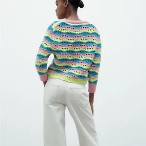 Zara Chunky Crochet Striped Front Tie Cardigan Retro Boxy Vibrant Y2K Sz M thumbnail 3