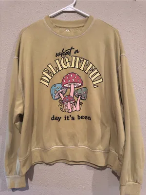 PacSun Light Green Crewneck Sweatshirt with Colorful Mushroom Graphic thumbnail 1