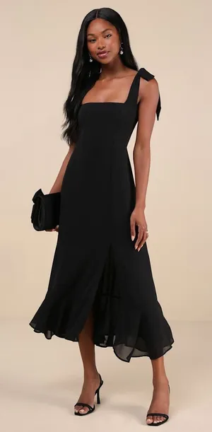 NWT Lulus Summer Invite Black Tie-Strap Tiered Midi Dress Bridesmaid Classy Sz S thumbnail 1