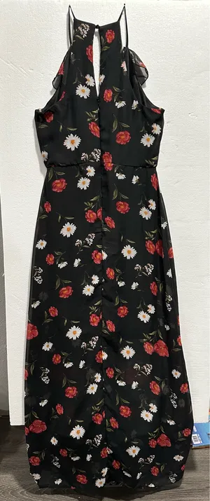 BISOU BISOU M Black Red Floral Sleeveless Maxi Dress V-Neck Ruffle Straps thumbnail 3