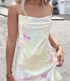 Zara Women Mini Dress Small Multicolor Tie Dye Satin Effect Cowl Neck Open Back thumbnail 1