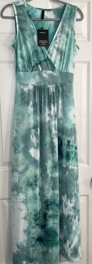 WOOSEA Size S Women’s Sleeveless Deep V-Neck Maxi Dress Blue Green Tie Dye Boho thumbnail 1
