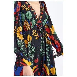 Farm Rio Black Tropical Toucan Floral V-Neck Maxi Dress XS Long Puff Sleeve Boho thumbnail 12