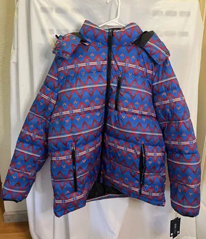 Blue and red geometric pattern puffer jacket with hood, size XL #winterjacket #geometric. #169 thumbnail 1