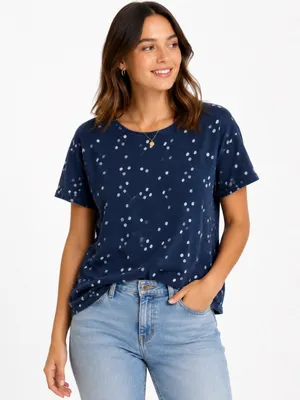 Madewell Navy Blue Polka Dot Linen Blend Short Sleeve Tee Women’s Medium thumbnail 1
