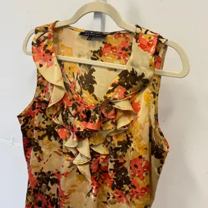 Y2K Anne Klein Floral Ruffle V-Neck Sleeveless Blouse Orange Yellow Womens Large thumbnail 3