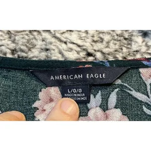 American Eagle Womens Large Peplum Top Blue Floral Tie Front Balloon Sleeve Boho thumbnail 3